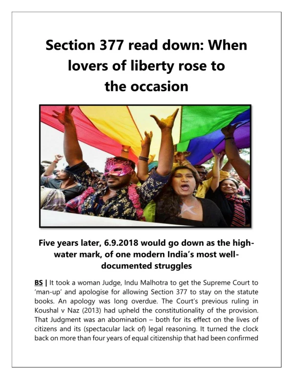 Section 377 Read Down When Lovers of Liberty Rose to the Occasion