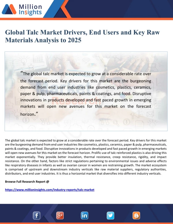 Global Talc Market Drivers, End Users and Key Raw Materials Analysis to 2025