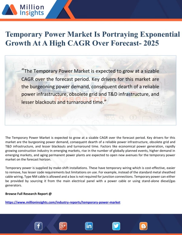 Temporary Power Market Is Portraying Exponential Growth At A High CAGR Over Forecast to 2025