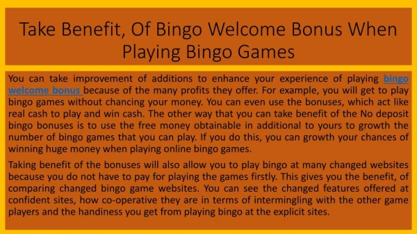 Take Benefit, Of Bingo Welcome Bonus When Playing Bingo Games