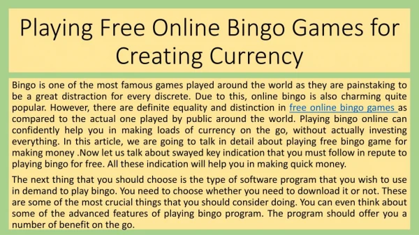 Playing Free Online Bingo Games for Creating Currency