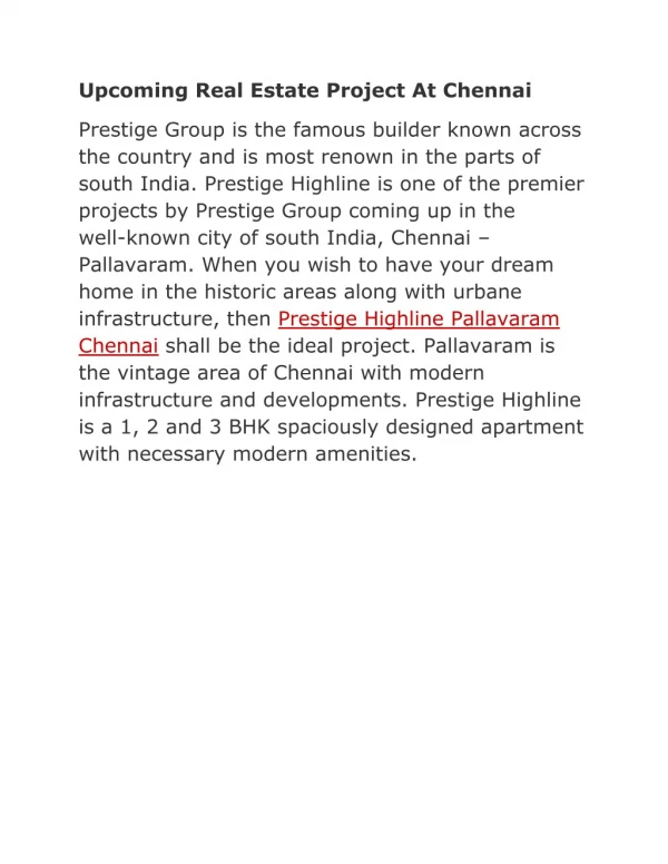Prestige Highline Chennai | Price, Location and Floor Plan