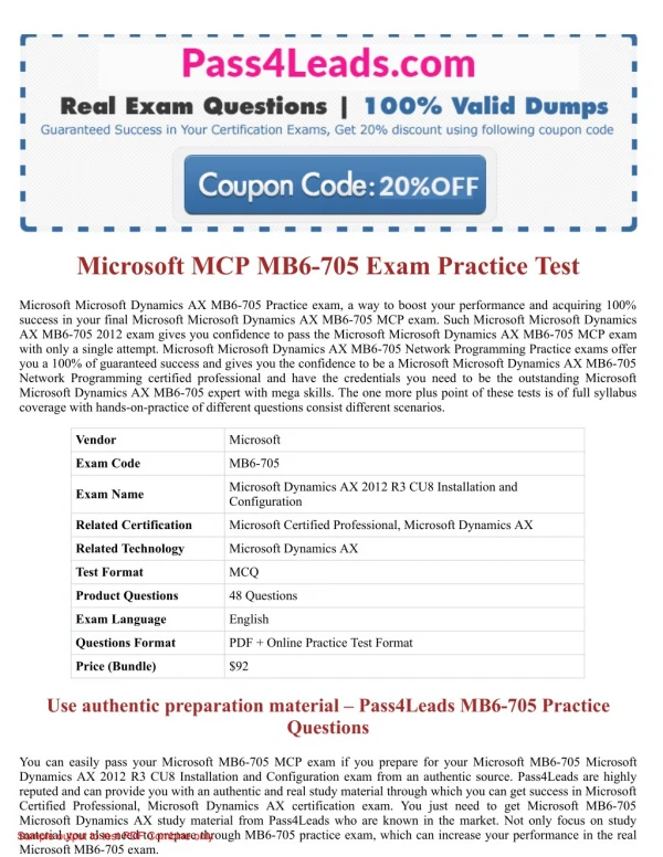Real & Latest Microsoft MCP MB6-705 Exam PDF Dumps