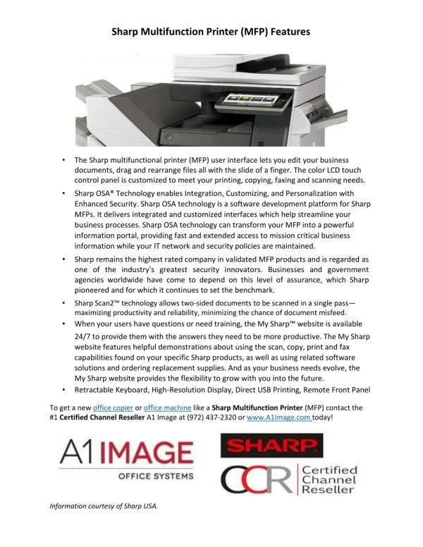Sharp Multifunction Printer (MFP) Features