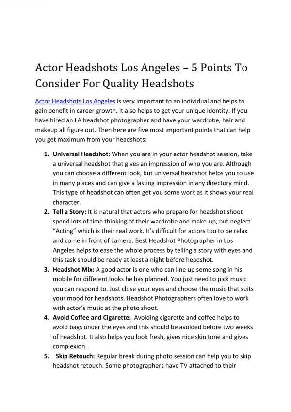 Actor Headshots Los Angeles – 5 Points To Consider For Quality Headshots