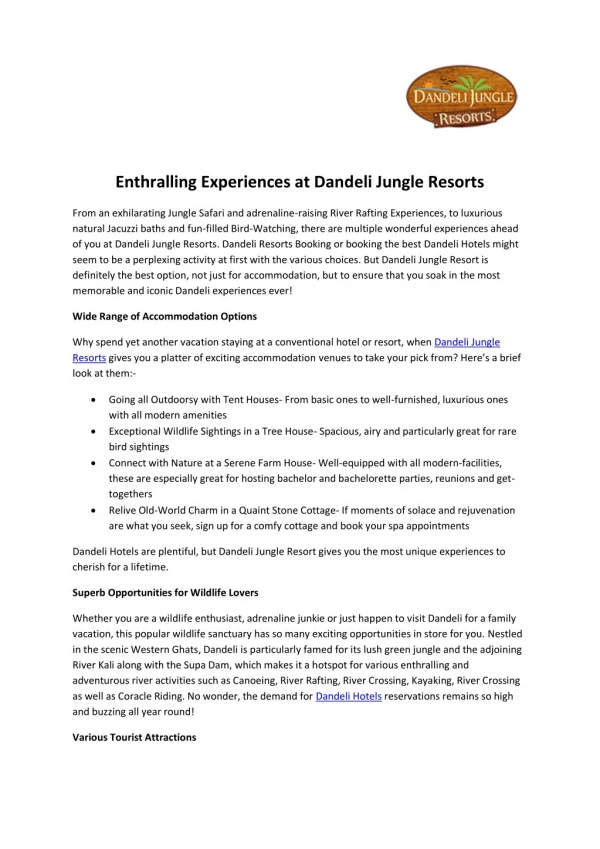 Enthralling Experiences at Dandeli Jungle Resorts