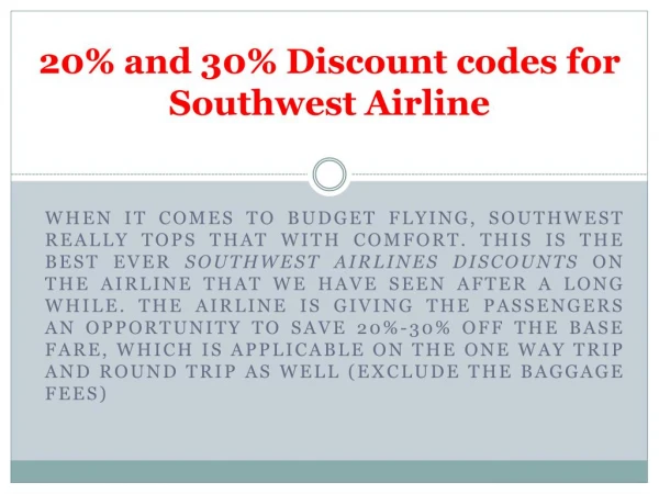 20% and 30% Discount codes for Southwest Airline