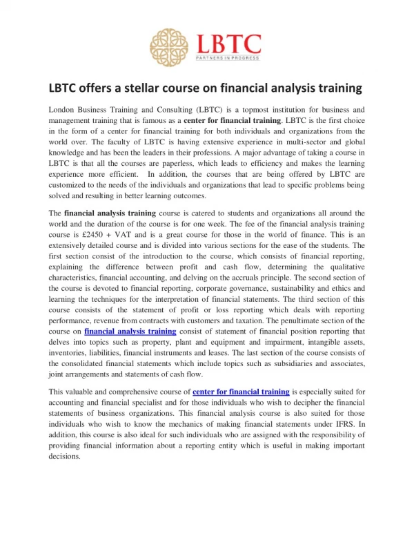 LBTC offers a stellar course on financial analysis training