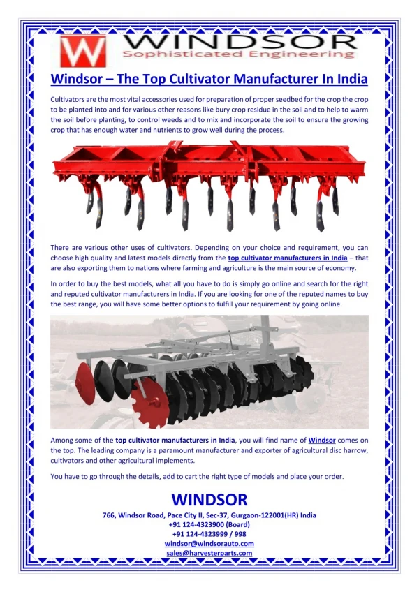 Windsor â€“ The Top Cultivator Manufacturer In India