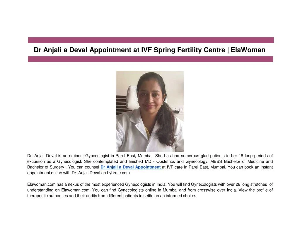 dr anjali a deval appointment at ivf spring fertility centre elawoman