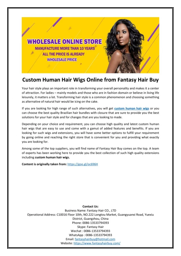 Custom Human Hair Wigs Online from Fantasy Hair Buy