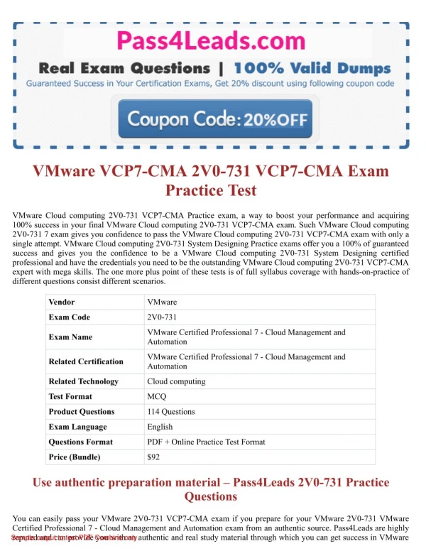 2V0-731 Exam Practice Test Online - 2018 Updated with 30% Discounted Price