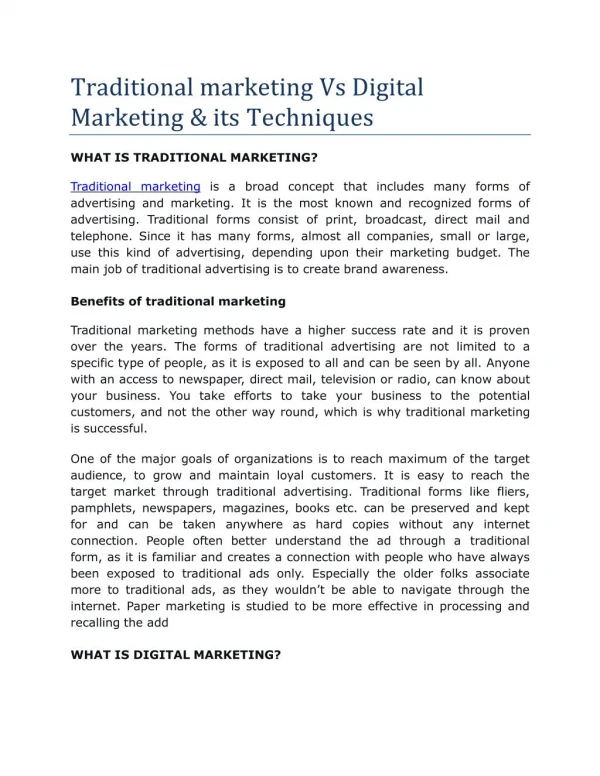 Traditional marketing Vs Digital Marketing & its Techniques