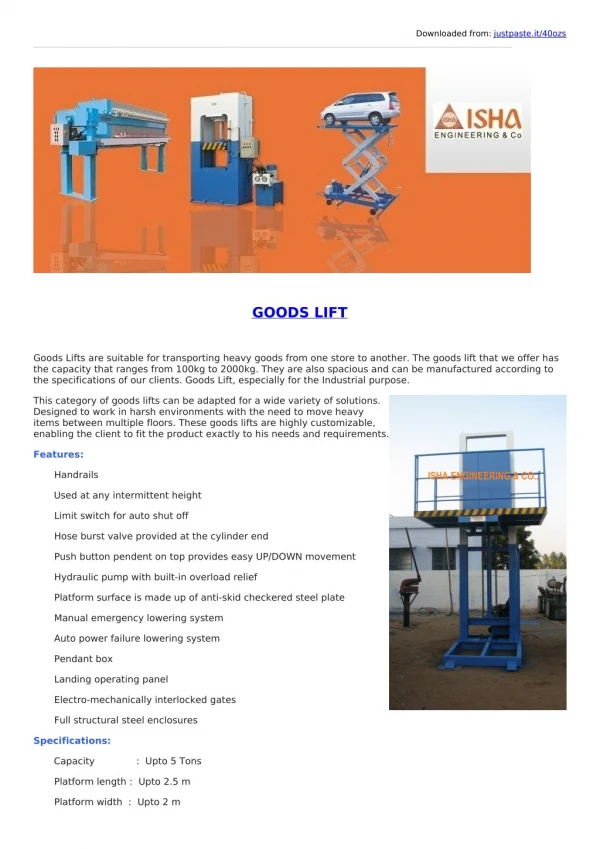 Hydraulic Goods Lift, Elevator - Manufacturers in Coimbatore.