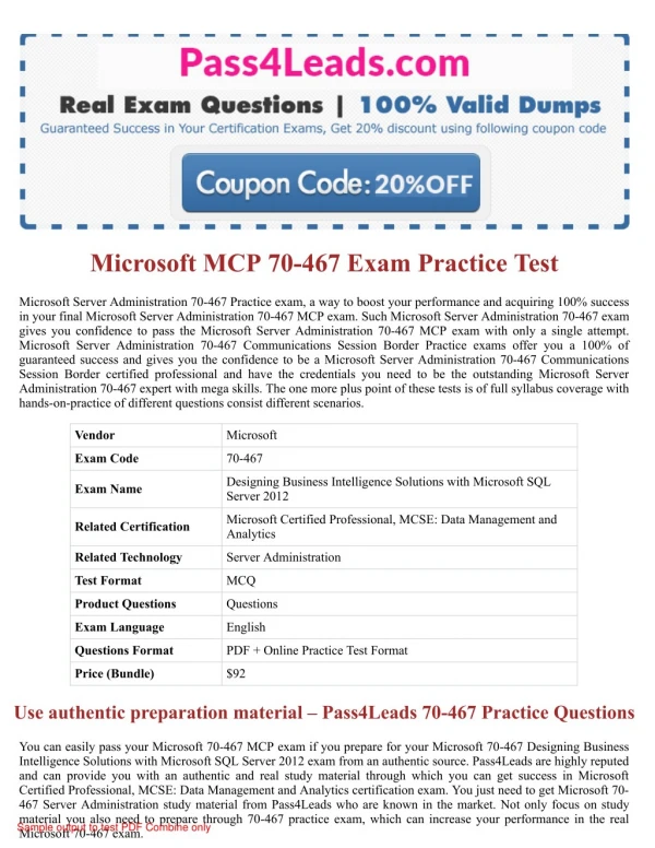 2018 Updated 70-467 MCP Exam Practice Questions