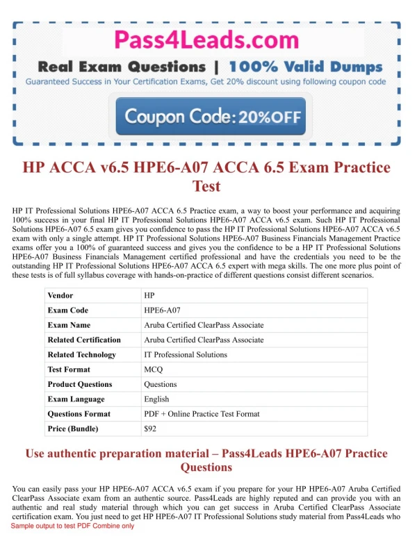HP HPE6-A07 ACCA 6.5 Exam Practice Questions - 2018 Updated