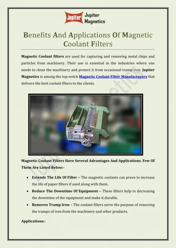 Benefits And Applications Of Magnetic Coolant Filters