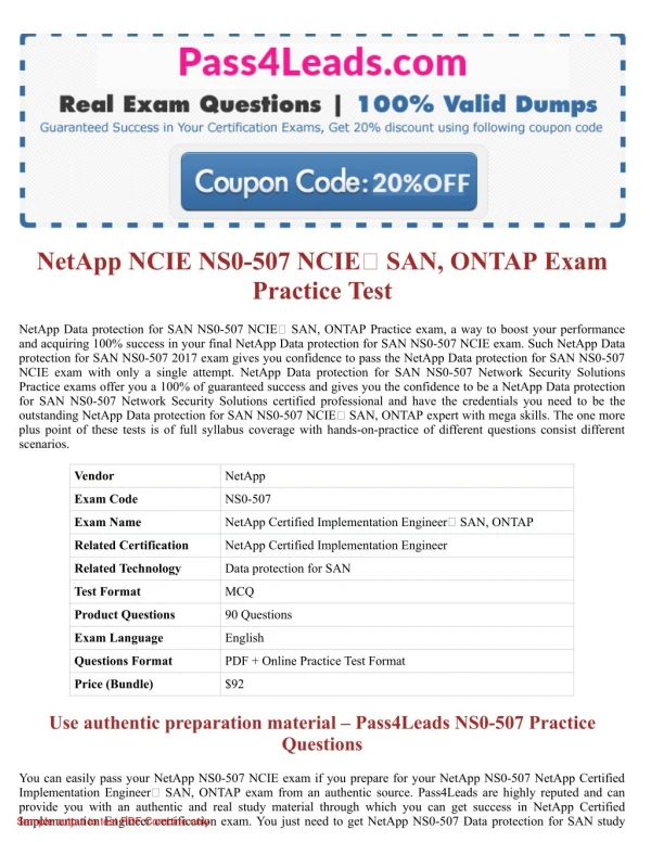 NetApp NS0-507 NCIE SAN, ONTAP Exam Dumps - NS0-507 PDF Questions