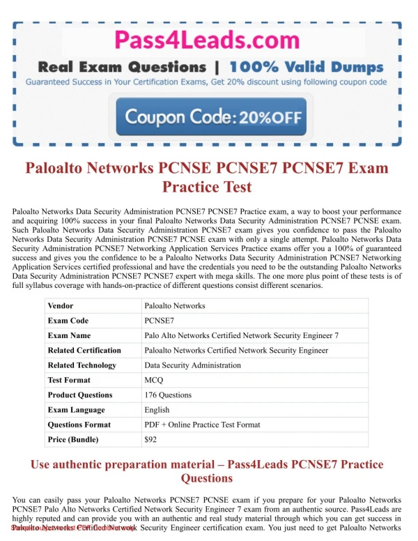 Paloalto Networks PCNSE7 PCNSE7 Exam Dumps - PCNSE7 PDF Questions