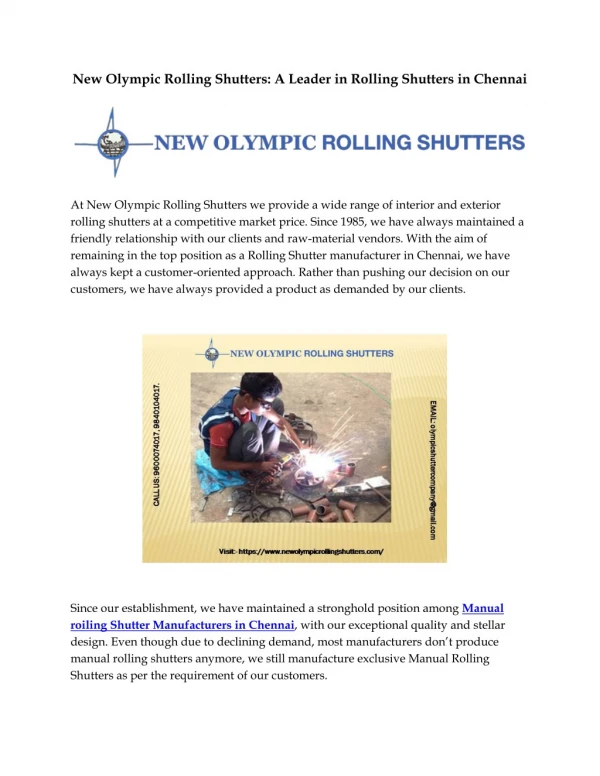 New Olympic Rolling Shutters: A Leader in Rolling Shutters in Chennai