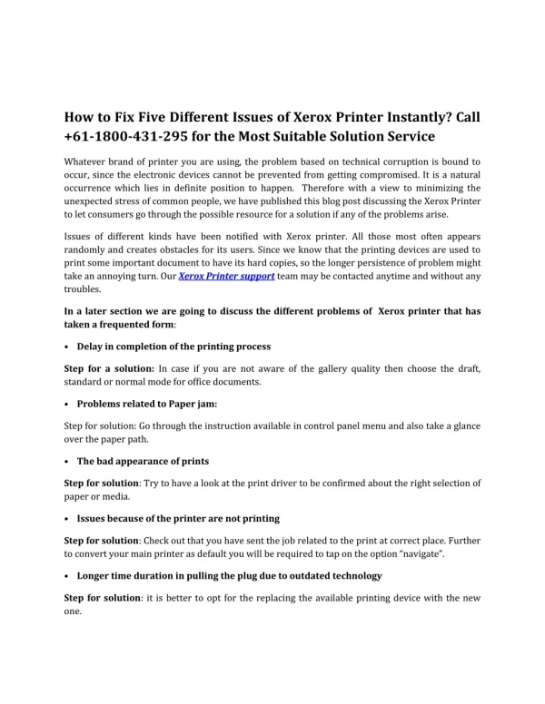 Xerox printer support toll free dial 61-1800-431- 295 for Australia
