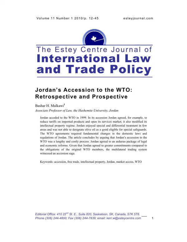 Jordan Accession to the WTO: Retrospective and Prospective by Bashar H. Malkawi