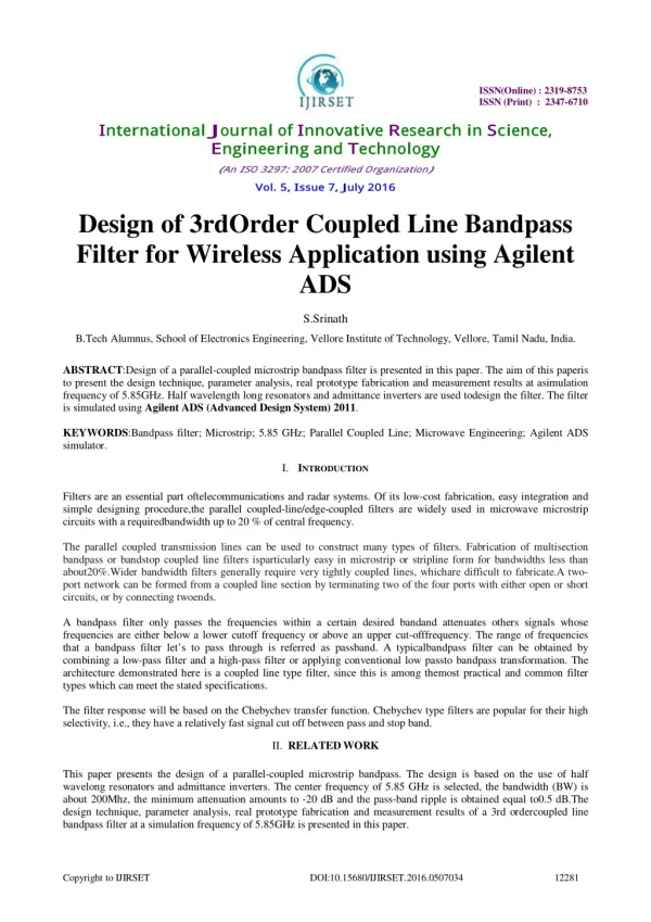 Design of 3rd Order Coupled Line Bandpass Filter for Wireless Application using Agilent ADS