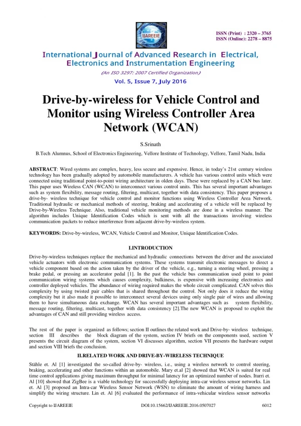 Drive-by-wireless for Vehicle Control and Monitor using Wireless Controller Area Network (WCAN)