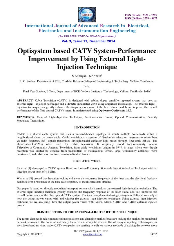 Optisystem based CATV System-Performance Improvement by Using External Light- Injection Technique