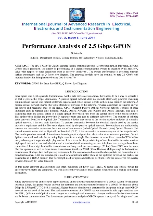 Performance Analysis of 2.5 Gbps GPON