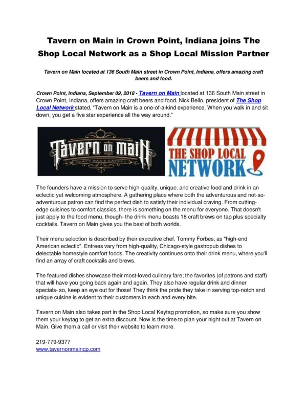 Tavern on Main in Crown Point, Indiana joins The Shop Local Network as a Shop Local Mission Partner