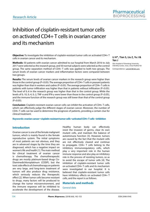 Inhibition of cisplatin-resistant tumor cells on activated CD4 T cells in ovarian cancer and its mechanism
