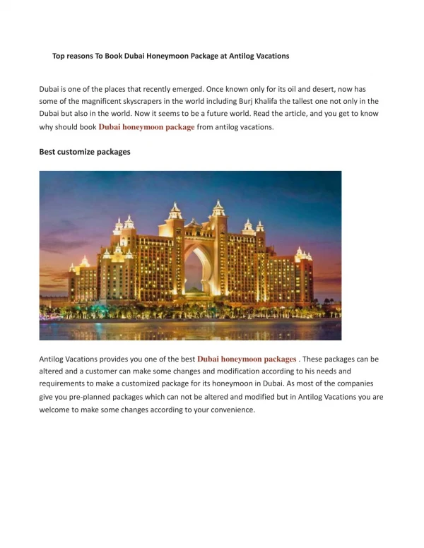 Customized Dubai honeymoon packages from india