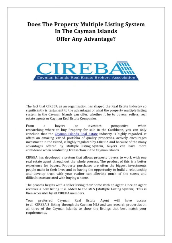 Does the property multiple listing system in the Cayman Islands offer any advantage? - CIREBA
