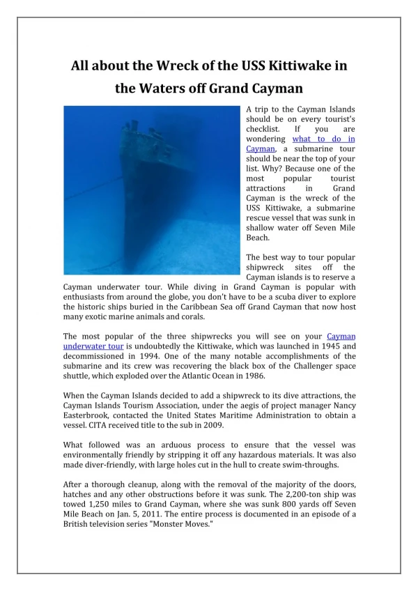 All about the Wreck of the USS Kittiwake in the Waters off Grand Cayman - Cayman Islands Submarine
