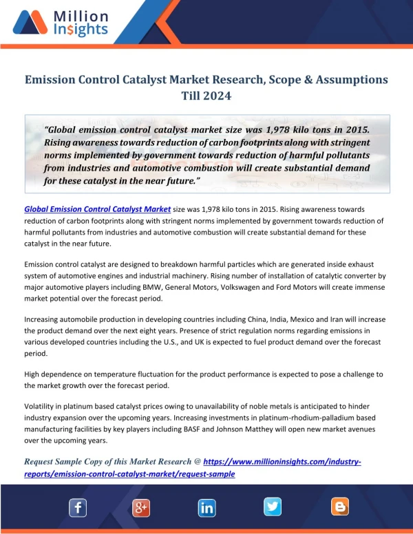 Emission Control Catalyst Market Research, Scope & Assumptions Till 2024