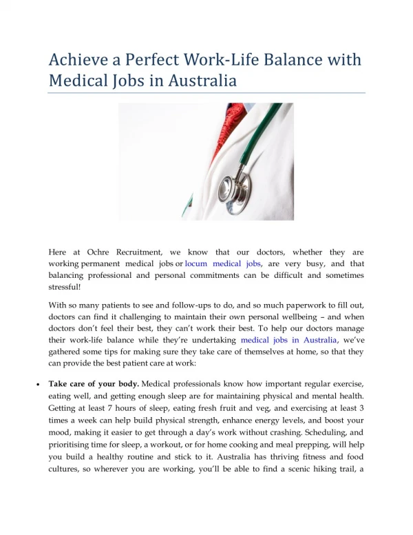 Achieve a Perfect Work-Life Balance with Medical Jobs in Australia