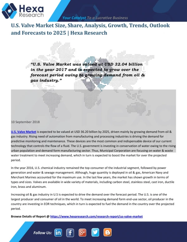 U.S. Valve Market Size, Application Analysis and Regional Outlook Report | Hexa Research