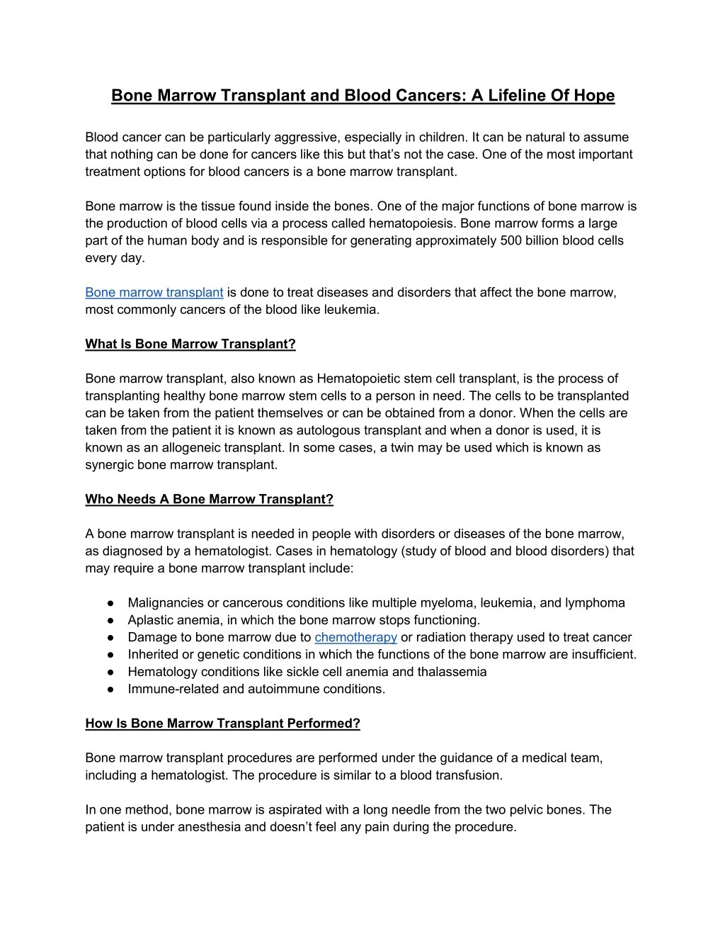 bone marrow transplant and blood cancers