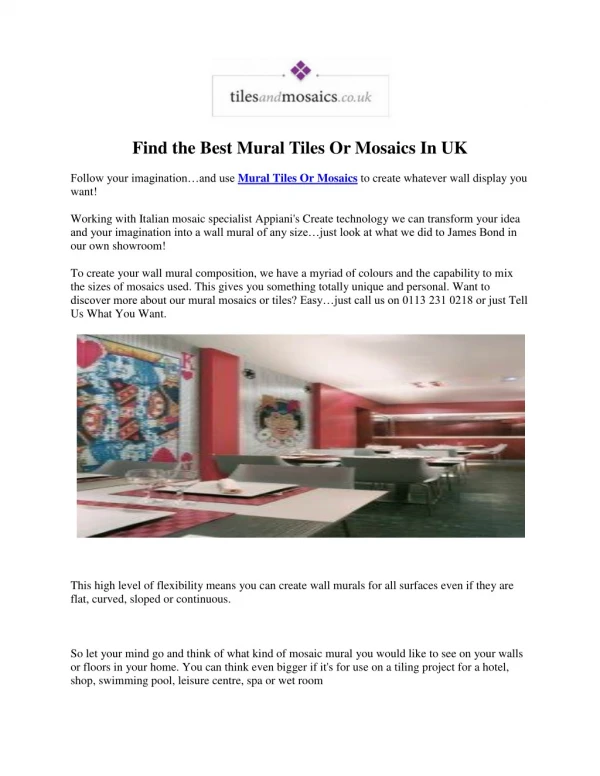Find the Best Mural Tiles Or Mosaics In UK