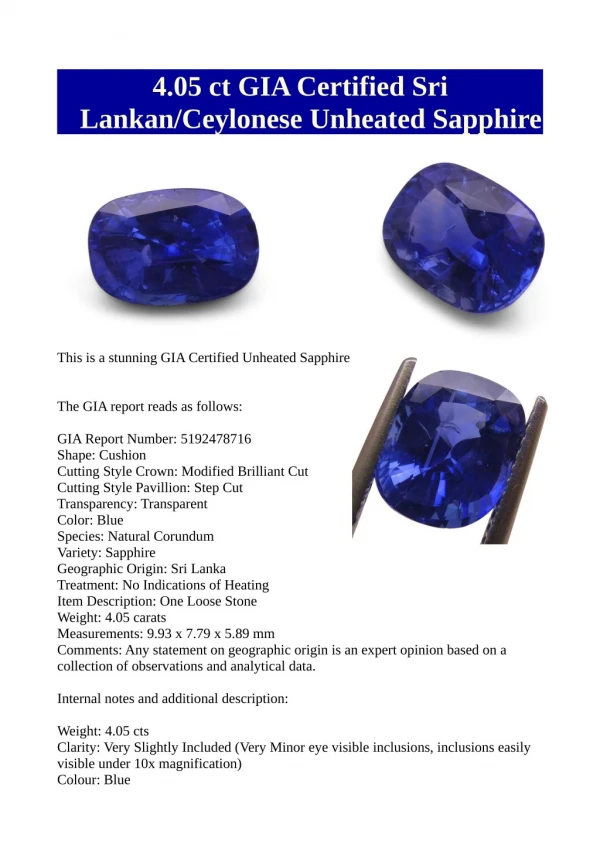 4.05 ct GIA Certified Sri Lankan/Ceylonese Unheated Sapphire