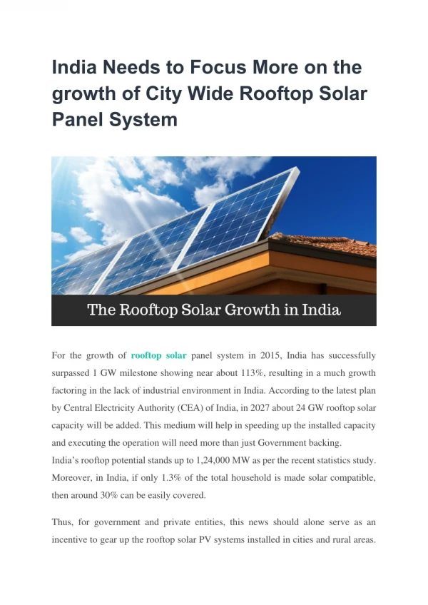 India Needs to Focus More on the growth of City Wide Rooftop Solar Panel