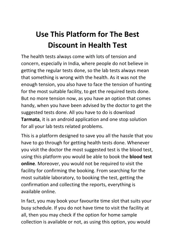 Blood Test Online | Discount in Health Test | Tarmata