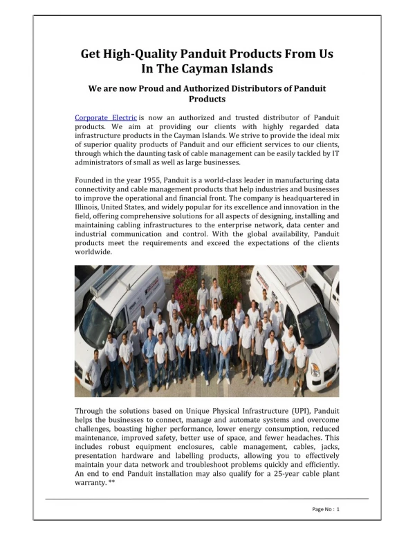 Get High-quality Panduit Products from Us in the Cayman Islands - Corporate Electric
