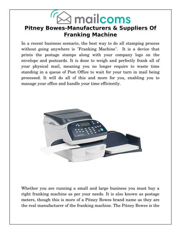 Pitney Bowes-Manufacturers & Suppliers Of Franking Machine