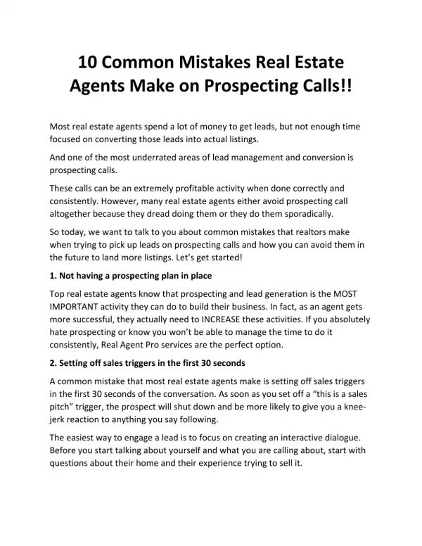 Real Agent Pro - 10 Common Mistakes Real Estate Agents Make on Prospecting Calls!!
