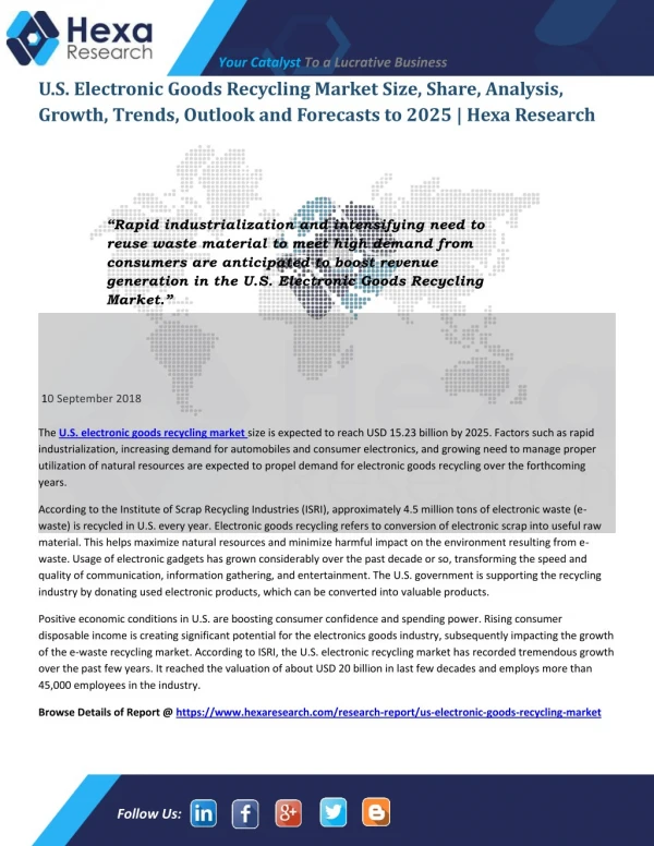 U.S. Electronic Goods Recycling Market is Projected to Grow USD 15.23 Billion by 2025