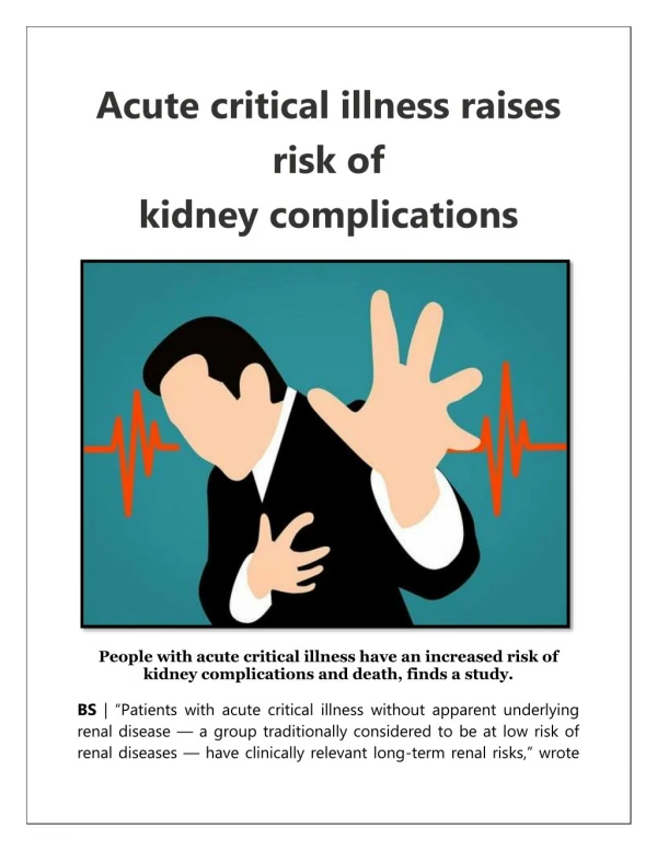 Acute critical illness raises risk of kidney complications | Business Standard News