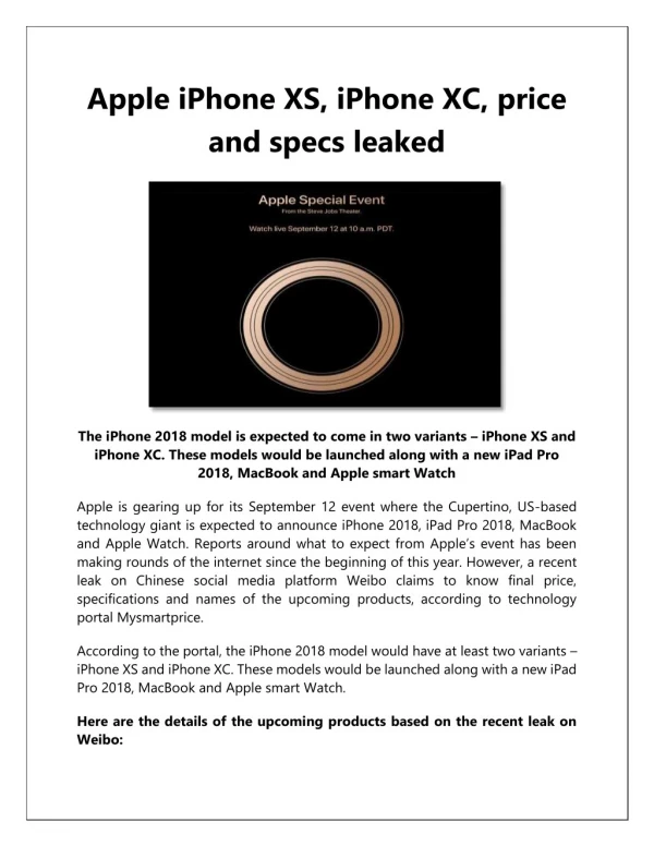 Apple iPhone XS, iPhone XC, MacBook, iPad Pro price and specs leaked