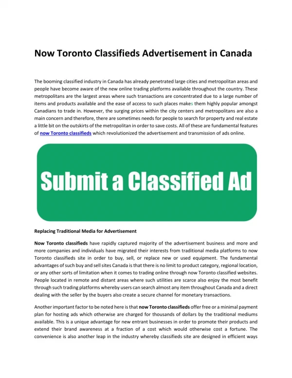 Now Toronto Classifieds Advertisement in Canada